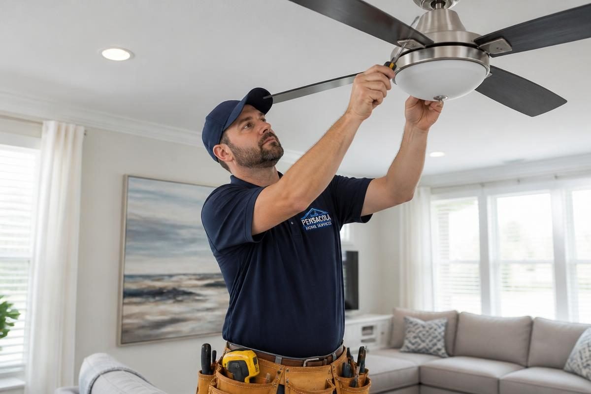 Professional handyman installing a ceiling fan in a Pensacola home